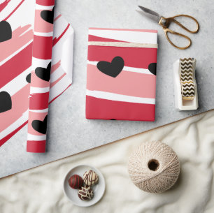 Valentinstag Rot Pinke Streifen Schwarze Herzen Geschenkpapier