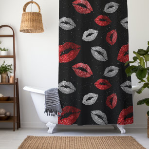 Valentinstag Rot Silber Glitter Lippen auf Schwarz Duschvorhang
