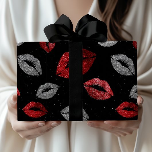 Valentinstag Rot Silber Glitter Lippen auf Schwarz Geschenkpapier