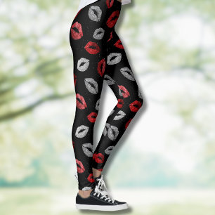 Valentinstag Rot Silber Glitter Lippen auf Schwarz Leggings
