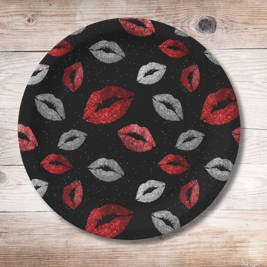 Valentinstag Rot Silber Glitter Lippen auf Schwarz Pappteller