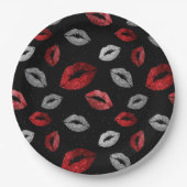 Valentinstag Rot Silber Glitter Lippen auf Schwarz Pappteller (Vorderseite)