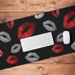 Valentinstag Rot Silber Glitter Lippen auf Schwarz Schreibtischunterlage