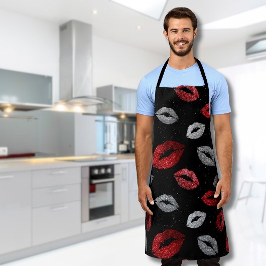 Valentinstag Rot Silber Glitter Lippen auf Schwarz Schürze