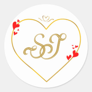 Valentinstag Rote Herzen Gold Monogramm Hochzeitsu Runder Aufkleber