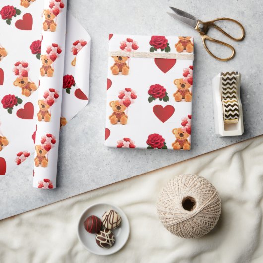 Valentinstag Rotes Herz Teddy Bärenkraft Geschenkpapier (Kunsthandwerk)