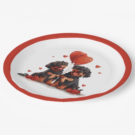 Valentinstag Rottweiler Hunde Pappteller (Schrägansicht)