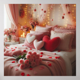 Valentinstag-Schlafzimmer dekoriert mit Herzen auf Poster
