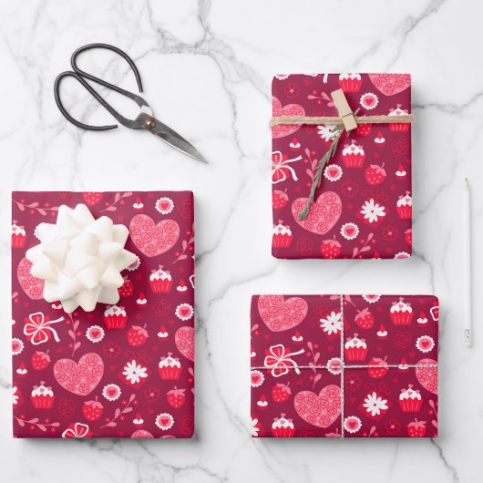 Valentinstag Schokolade Cupcakes Erdbeeren Geschenkpapier Set (Vorderseite)