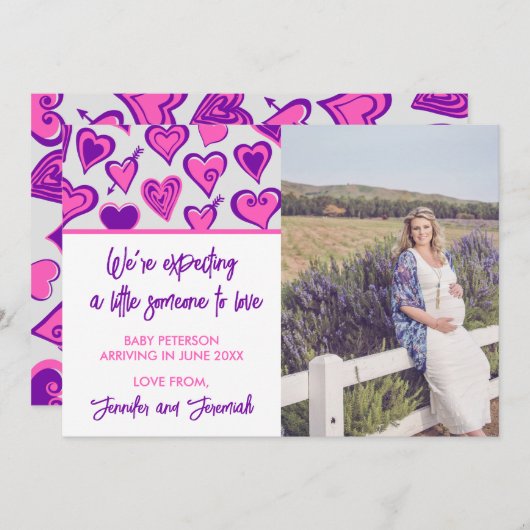 Valentinstag Schwangerschaftsankündigung rosa lila Ankündigung (Vorne/Hinten)