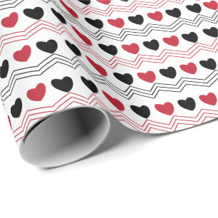 Valentinstag Schwarz Rot Herz Chevron Streifen Geschenkpapier