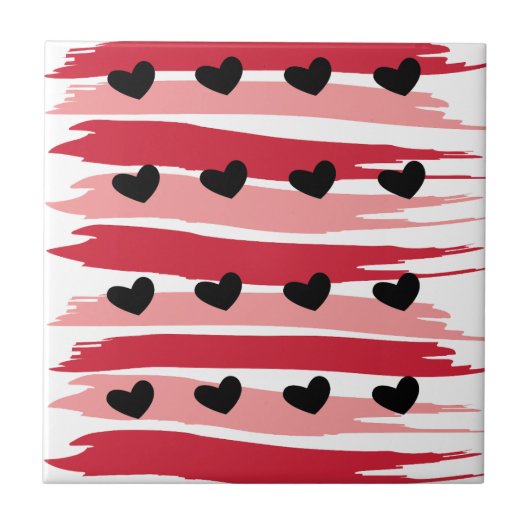 Valentinstag Schwarze Herzen Rosa Streifen Fliese (Vorderseite)