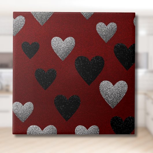 Valentinstag Silber Schwarze Glitter-Herzen auf Bu Fliese
