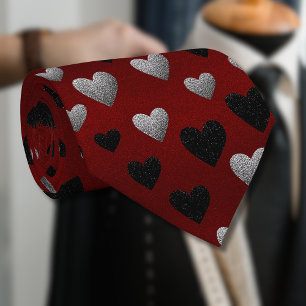 Valentinstag Silber Schwarze Glitzerherzen auf Bur Krawatte