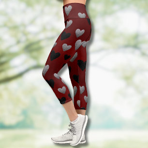 Valentinstag Silber Schwarzes Glitter-Herzen auf B Capri Leggings