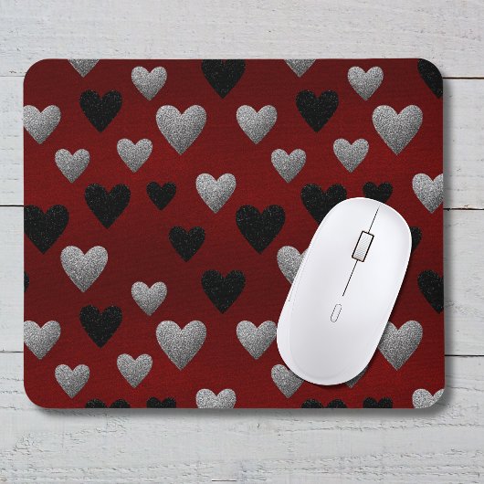 Valentinstag Silber Schwarzes Glitter-Herzen auf B Mousepad