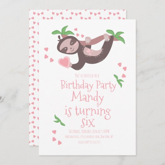Valentinstag Sloth Birthday Party Hearts Einladung (Vorne/Hinten)