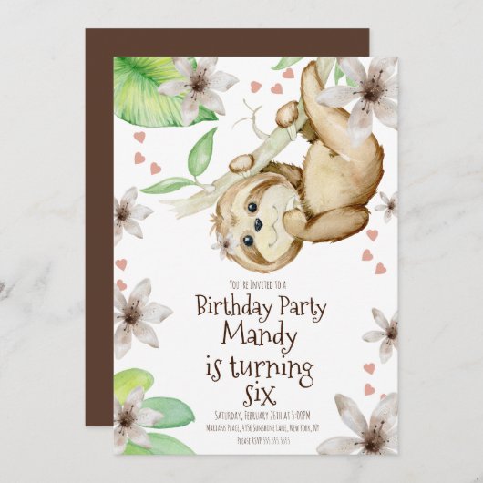 Valentinstag Sloth Floral Geburtstag Einladung (Vorne/Hinten)
