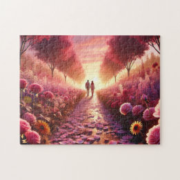 Valentinstag-Sonnenuntergangs-Blumenpfad Romantisc Puzzle