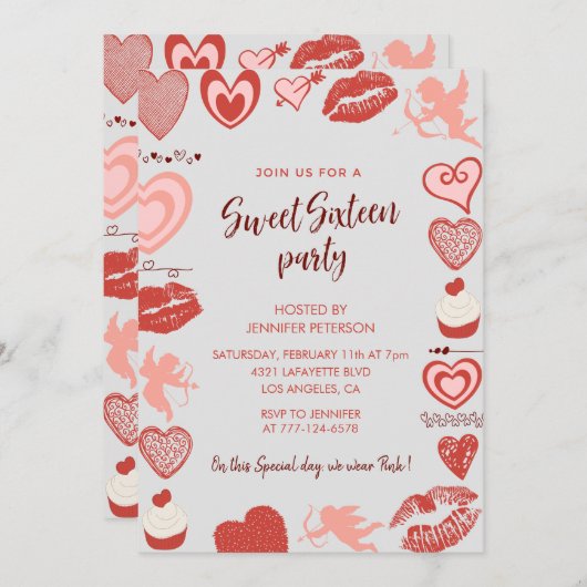 Valentinstag süß 16 Einladung Sweetheart grau (Vorne/Hinten)