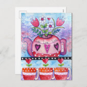 Valentinstag Tea Pot und Whimsikherzen Feiertagspostkarte (Vorne/Hinten)