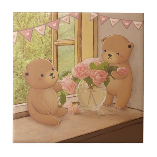 Valentinstag: Teddy Bears & Blume Fliese (Vorderseite)