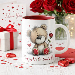Valentinstag-Teddybär mit Rose und Herzen Tasse