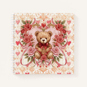 Valentinstag, Teddybär, rosa Herz und Blume Notizblock