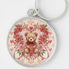 Valentinstag, Teddybär, rosa Herz und Blume Schlüsselanhänger