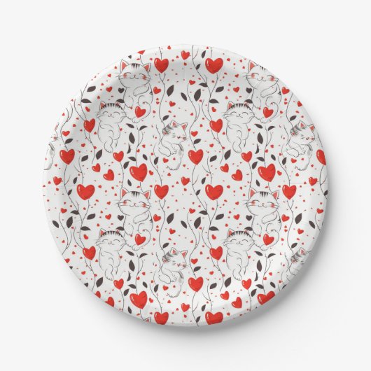 Valentinstag-Teller niedlich Kitten und Rotes Herz Pappteller (Vorderseite)