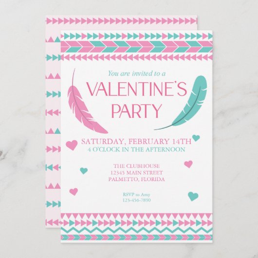 Valentinstag Tribal Pink Aquamarin Feathers Party Einladung (Vorne/Hinten)