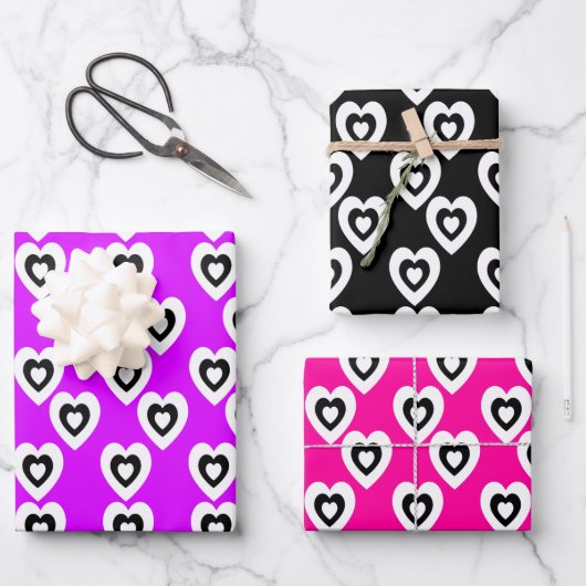 Valentinstag Triple Hearts Neon Pattern Geschenkpapier Set (Vorderseite)