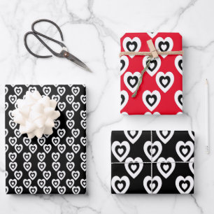 Valentinstag Triple Hearts Rot und Schwarz Muster Geschenkpapier Set