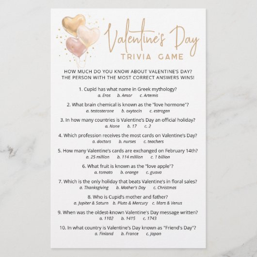 Valentinstag Trivia Spiel mit Antworten (Vorderseite)