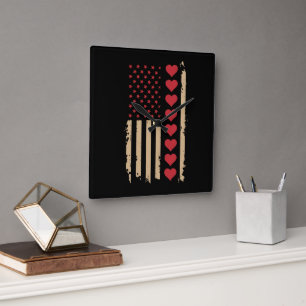 Valentinstag US-Flagge Herzen  Quadratische Wanduhr
