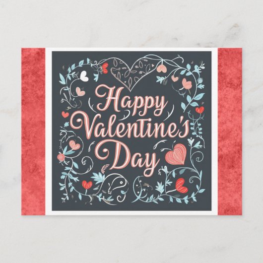 Valentinstag Vintag Script Red Heart Floral Postkarte (Vorderseite)