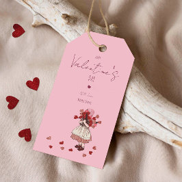 Valentinstag – Vintage Mädchen mit Herzstrauß Geschenkanhänger