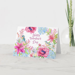 Valentinstag Wasserfarbe Vintage Blumen, Vögel Karte