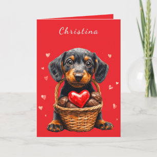 Valentinstag-Welpen-Rosa-Schokoladen-Herzen-Korb Karte
