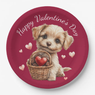 Valentinstag-Welpenkorb rote Herzbonbons Pappteller
