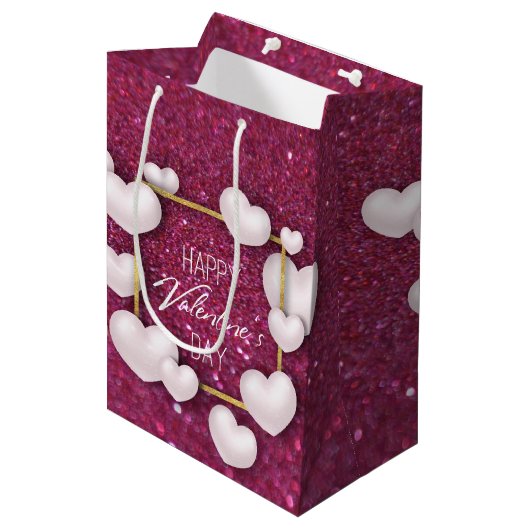 Valentinstag White Heart Glitzer Mittlere Geschenk Geschenktüte (Vorderseite Schrägansicht)