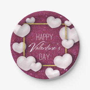Valentinstag White Hearts Glitzer Paper Plate Pappteller