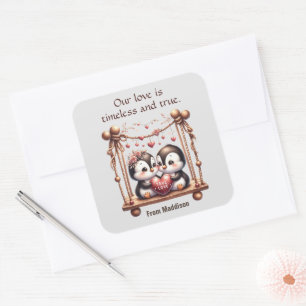 Valentinstag Wine Love Pinguine Quadratischer Aufkleber