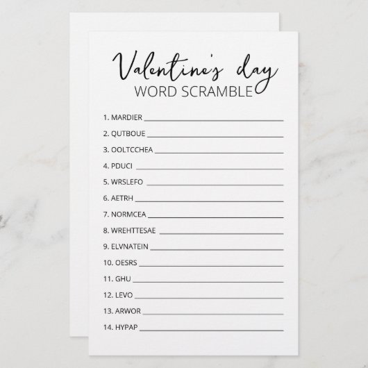 Valentinstag Word Scramble Game Party (Vorne/Hinten)