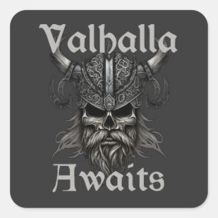 Valhalla Awaits - Skull Quadratischer Aufkleber