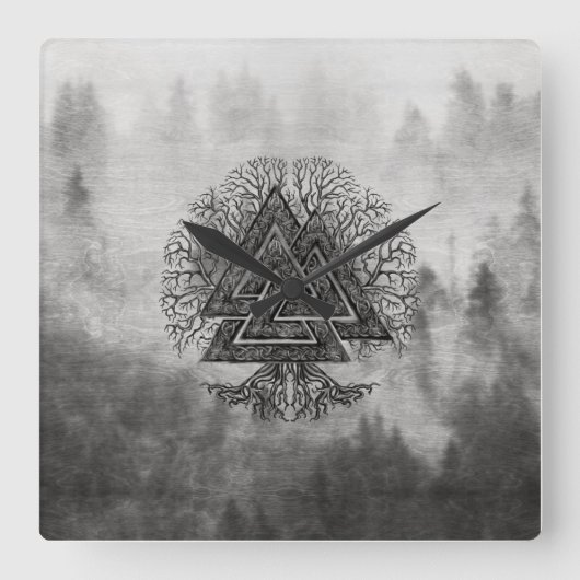 Valknut and Tree of Life Yggdrasil Quadratische Wanduhr (Vorderseite)