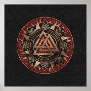 Valknut Symbol-schwarzes und rotes Leder und Gold Poster