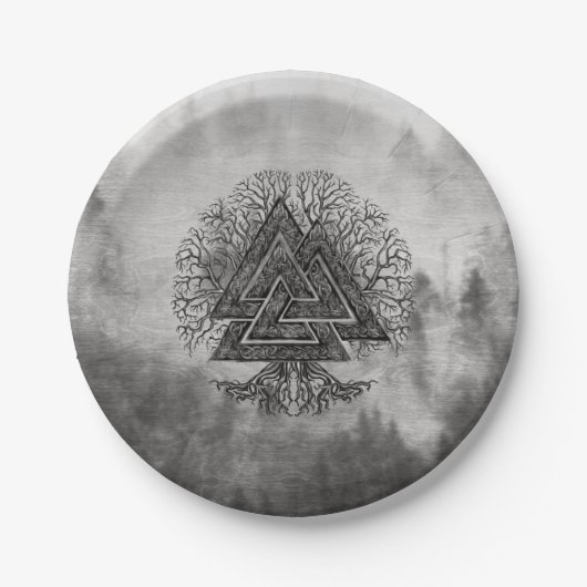 Valknut und Baum des Lebens Yggdrasil Pappteller (Vorderseite)