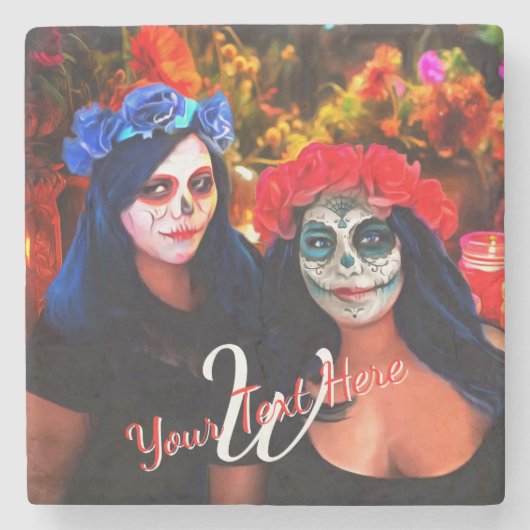 Vallarta Catrinas mit Blume & Kerzen 1718 Steinuntersetzer (Vorderseite)