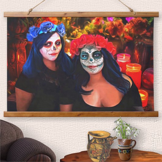 Vallarta Catrinas mit Blume & Kerzen 1718 Wandteppich Mit Holzrahmen